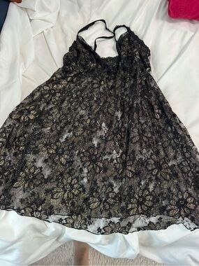 Hanky Panky Black Lace Chemise with Gold Floral Accents